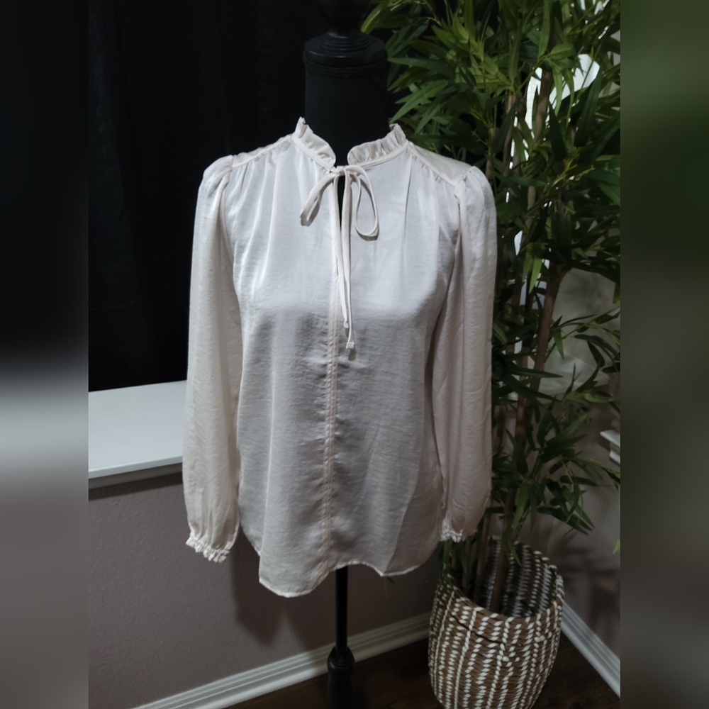 LOFT - Cream Long Sleeve Blouse with Tie Front